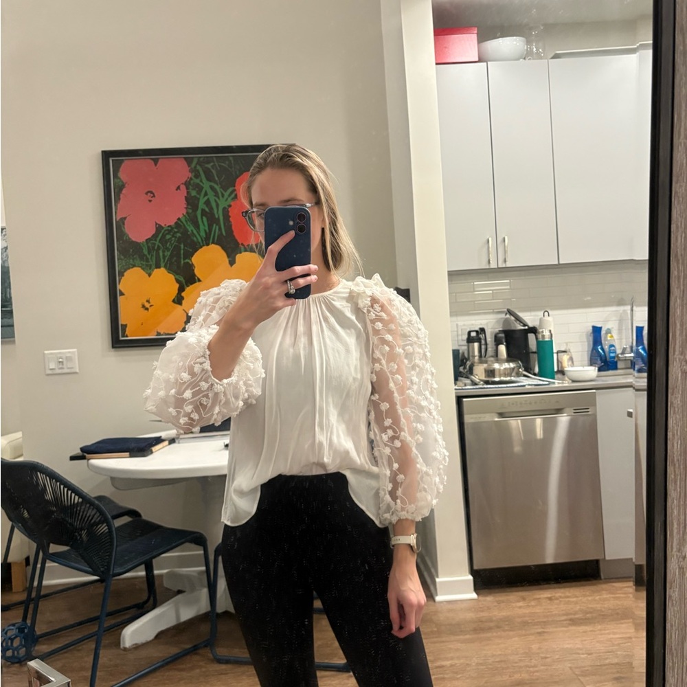 Zara White Blouse with Sheer Textured Sleeves